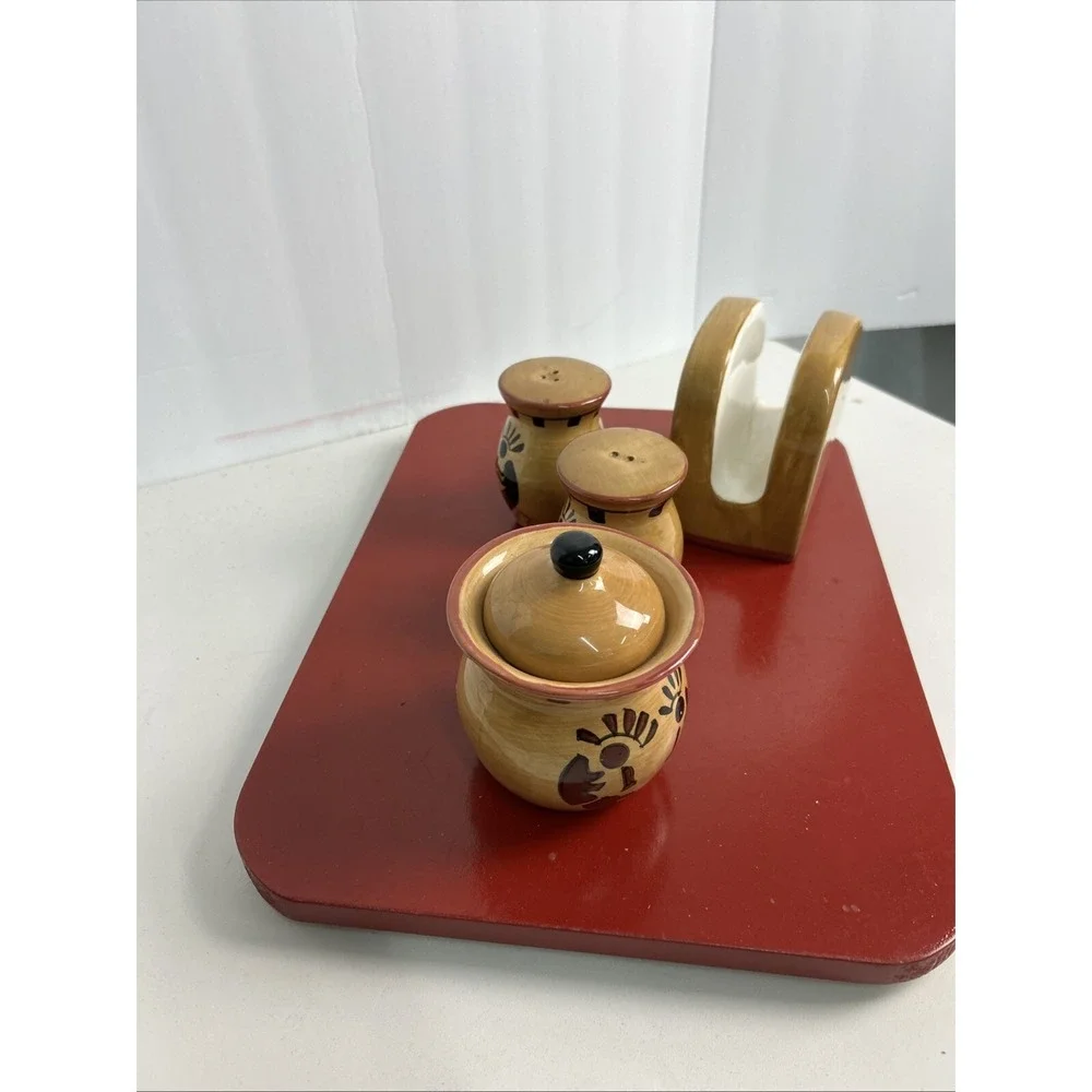 Rare Kokopelli Design Salt‎ Pepper Shakers, Napkin Holder Sugar Bowl Set